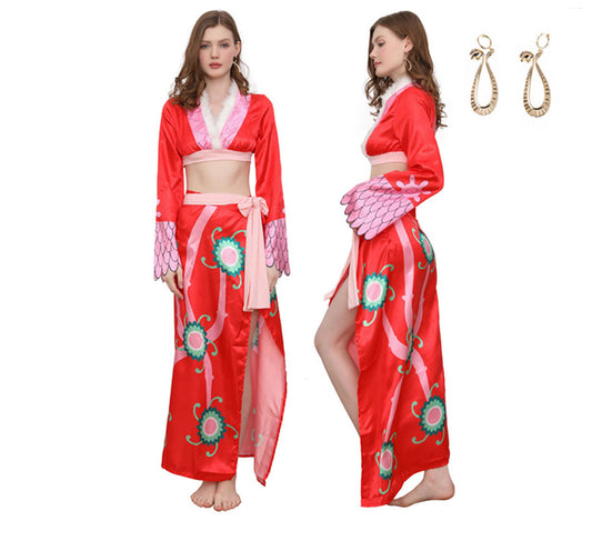 Island Pirate Queen Red Dress Costume with Earrings for Women Halloween