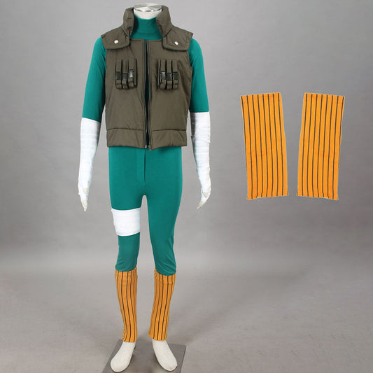 Anime Bowl Cut Taijutsu Combat Ninja Cosplay Green Jumpsuit Outfit Costume Men Kids