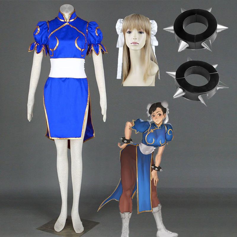 Game Street Fighter Costumes Chunli Blue Cosplay outfit with Bracelet Accessories Women and Kids Halloween