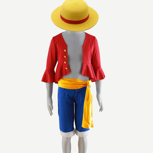 Pirate Captain Red Shirt Outfit with Straw Hat for Men and Kids Halloween