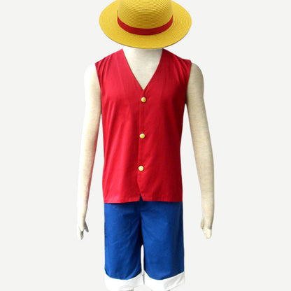Anime Rubber Pirate Captain Red Vest Costume Outfit with Straw Hat for Men Kids