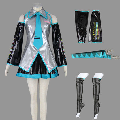 Blue Twin-Tail Virtual Singer Metallic Stage Cosplay Costume with Accessories for Women and Kids