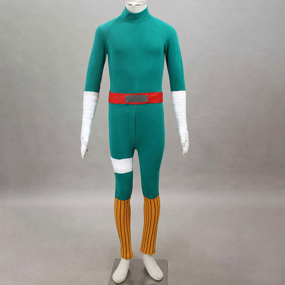 Anime Bowl Cut Taijutsu Combat Ninja Cosplay Green Jumpsuit Outfit Costume Men Kids