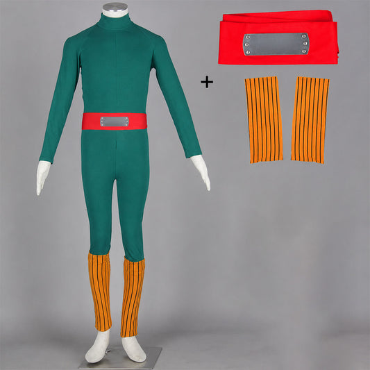 Anime Thick Eyebrows Taijutsu Ninja Cosplay Costume Green Jumpsuit full Outfit for Men Kids