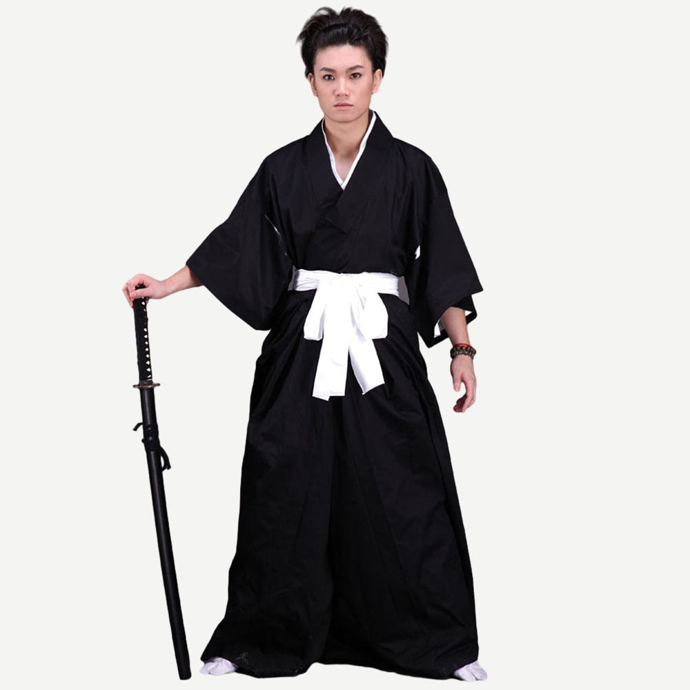 Anime Soul Warrior Black Robe White Sash Sword Fighter Cosplay Costume for Men Kids