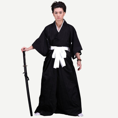 Anime Soul Warrior Black Robe White Sash Sword Fighter Cosplay Costume for Men Kids