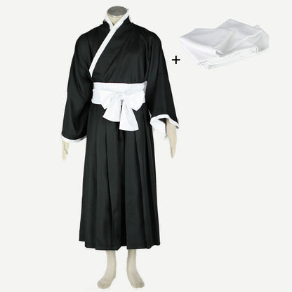 Anime Soul Warrior Black Kimono Robe White Waist Sash Cosplay Costume for Men Kids