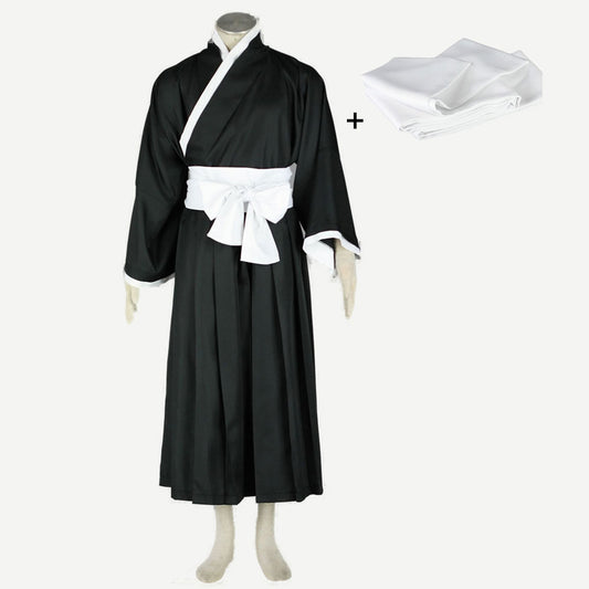 Anime Soul Warrior Black Kimono Robe White Waist Sash Cosplay Costume for Men Kids